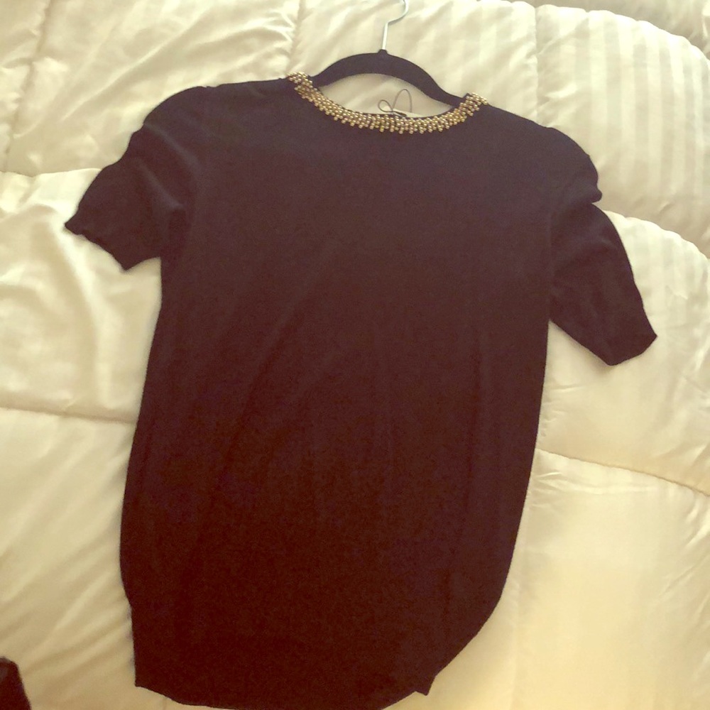Cute bedazzled neckline short sleeve sweater